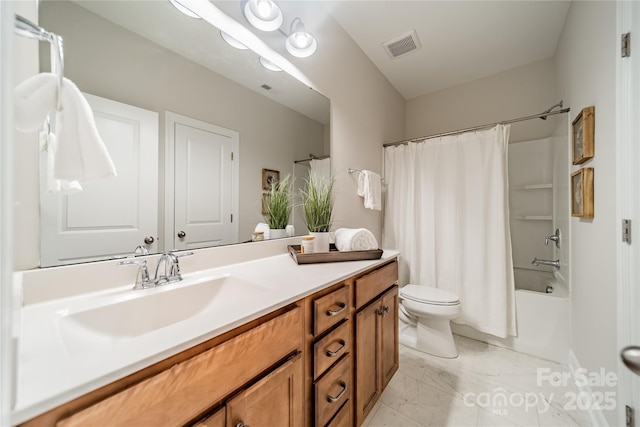 full bathroom featuring vanity, toilet, and shower / bath combo with shower curtain