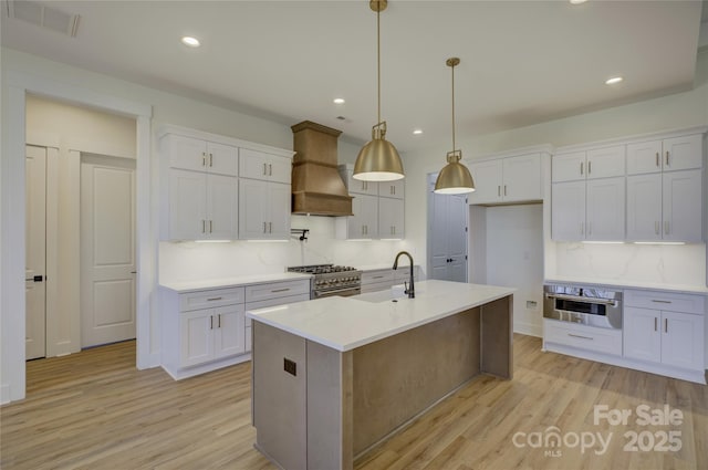 kitchen with sink, appliances with stainless steel finishes, custom range hood, white cabinets, and an island with sink