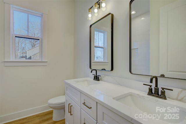 bathroom with vanity, toilet, hardwood / wood-style floors, and a wealth of natural light