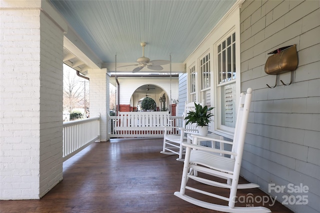 view of patio / terrace featuring ceiling fan and a porch