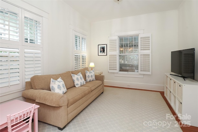 living room featuring ornamental molding and light wood-type flooring