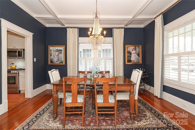 dining space with dark hardwood / wood-style floors, a healthy amount of sunlight, and coffered ceiling