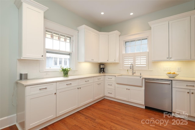 kitchen with sink, stainless steel dishwasher, and white cabinets