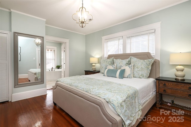 bedroom featuring multiple windows, crown molding, dark hardwood / wood-style flooring, and a chandelier