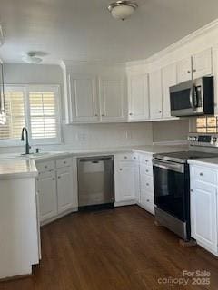 kitchen featuring white cabinetry, appliances with stainless steel finishes, sink, and dark wood-type flooring