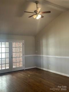 unfurnished room featuring ceiling fan, dark hardwood / wood-style flooring, and lofted ceiling with beams