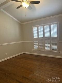 unfurnished room featuring crown molding, dark wood-type flooring, ceiling fan, and vaulted ceiling