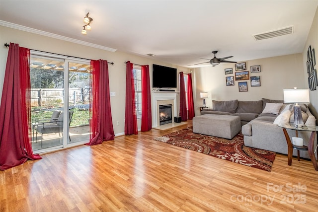 living room featuring ceiling fan, ornamental molding, and light hardwood / wood-style flooring