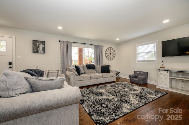 living room with dark wood-type flooring