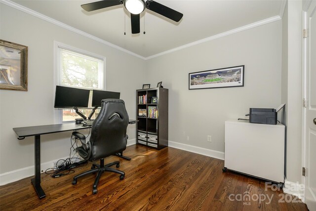 office area with ceiling fan, ornamental molding, and dark hardwood / wood-style floors