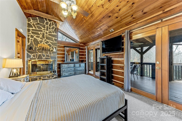 bedroom featuring a fireplace, lofted ceiling with beams, carpet floors, access to outside, and wood ceiling