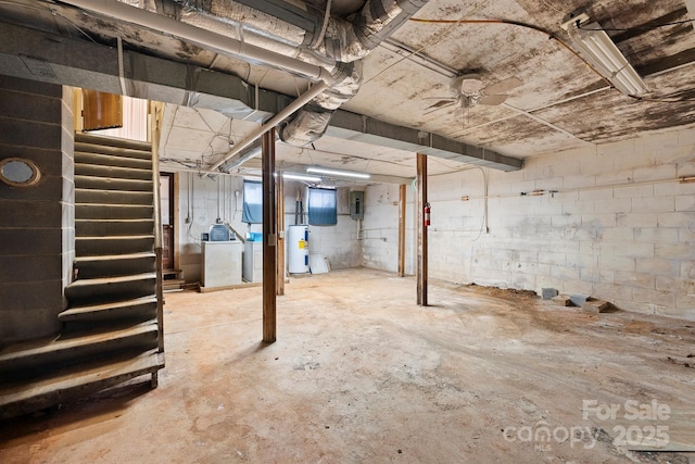 basement with electric panel and water heater