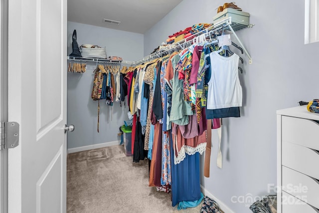 spacious closet featuring light colored carpet