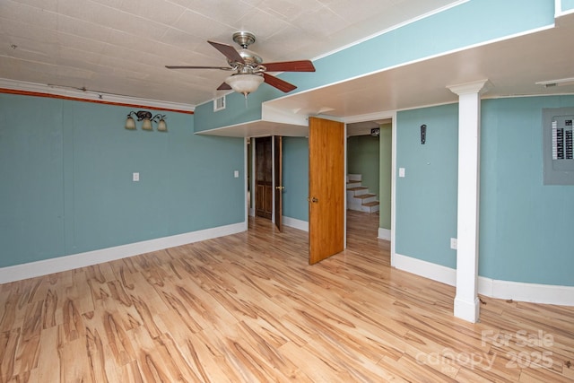 interior space featuring crown molding, ceiling fan, and light hardwood / wood-style floors