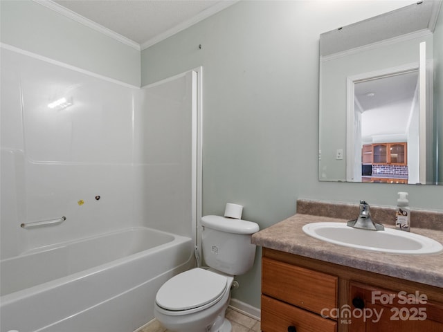 full bathroom with vanity, crown molding, shower / bathtub combination, and toilet