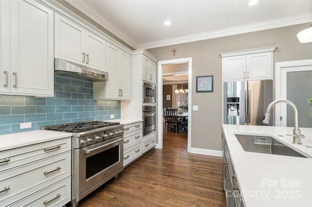 kitchen featuring stainless steel appliances, sink, white cabinets, and backsplash