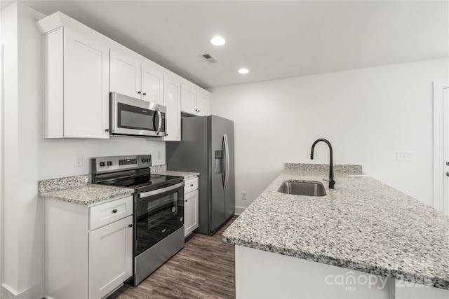 kitchen with stainless steel appliances, sink, white cabinets, and kitchen peninsula