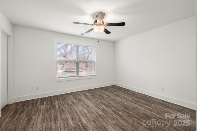 spare room featuring ceiling fan and dark hardwood / wood-style floors