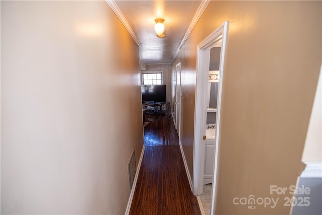 hall featuring crown molding and dark hardwood / wood-style flooring