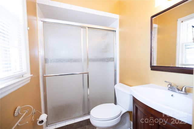 bathroom featuring vanity, toilet, and a shower with door