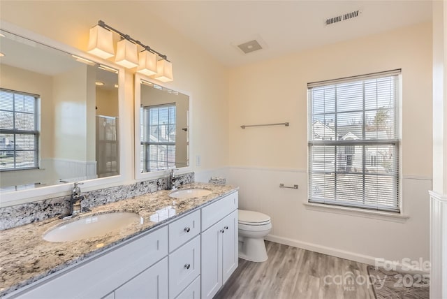 bathroom featuring an enclosed shower, wood-type flooring, vanity, and toilet