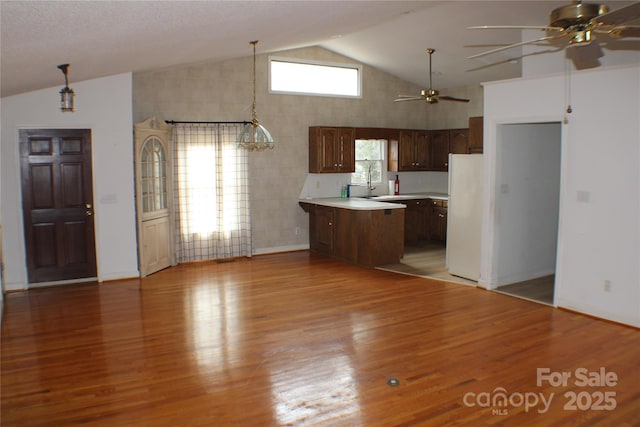 kitchen with pendant lighting, wood-type flooring, sink, white fridge, and dark brown cabinets