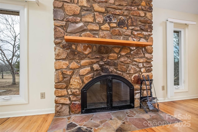 room details with wood-type flooring and a fireplace