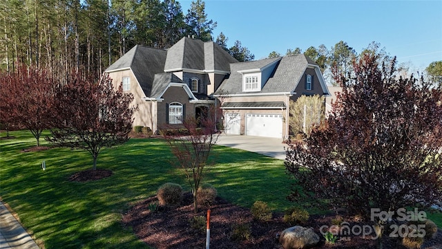 view of front of property with a garage, a front lawn, and concrete driveway