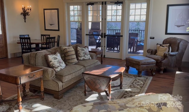 living area featuring wood finished floors and french doors