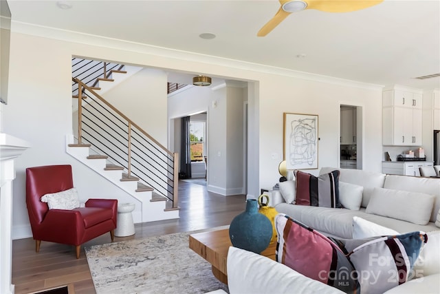 living room featuring dark wood-type flooring, ceiling fan, and ornamental molding