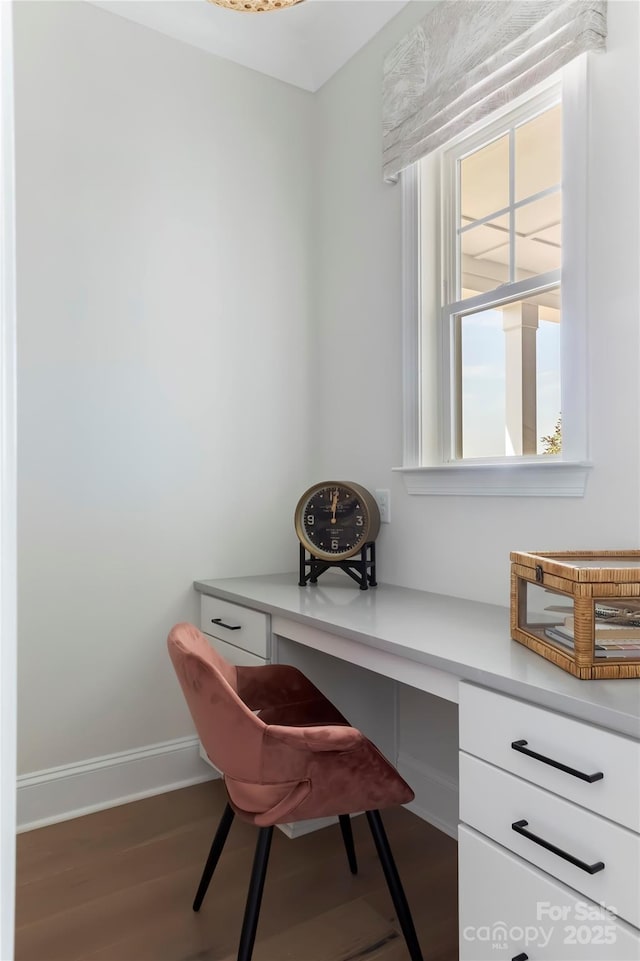 home office featuring hardwood / wood-style flooring and built in desk