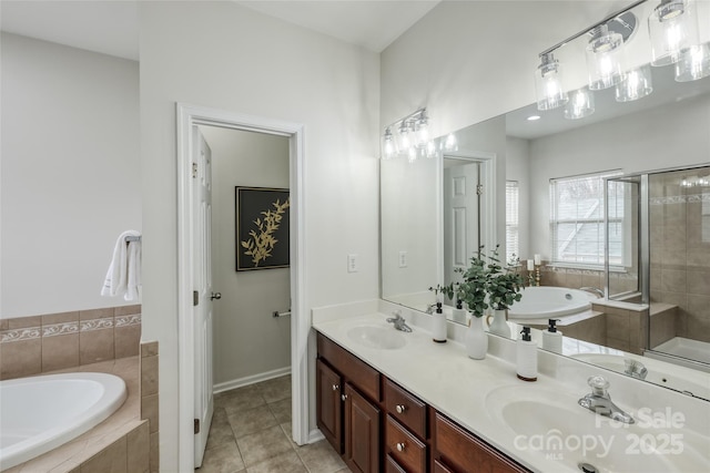 bathroom featuring tile patterned floors, independent shower and bath, and vanity