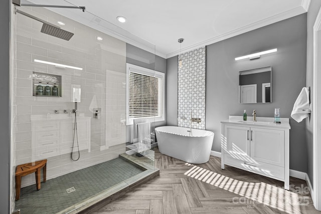 bathroom featuring vanity, crown molding, parquet flooring, and plus walk in shower