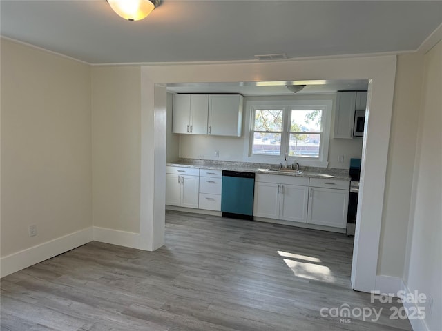 kitchen featuring white cabinetry, appliances with stainless steel finishes, sink, and light hardwood / wood-style floors