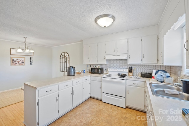 kitchen featuring sink, white cabinetry, hanging light fixtures, white electric stove, and kitchen peninsula