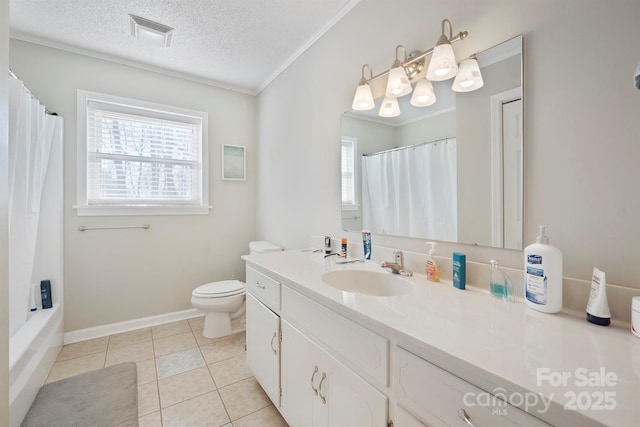 bathroom with tile patterned flooring, vanity, ornamental molding, toilet, and a textured ceiling