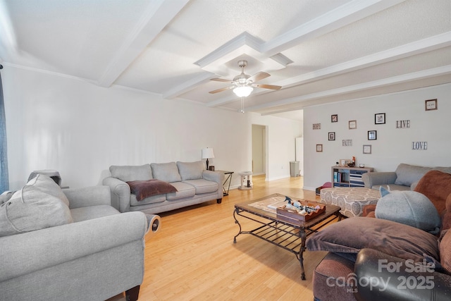 living room with wood-type flooring, ceiling fan, and beam ceiling