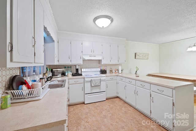 kitchen featuring ornamental molding, kitchen peninsula, white range with electric stovetop, decorative backsplash, and white cabinets