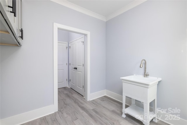 interior space featuring light hardwood / wood-style flooring and ornamental molding