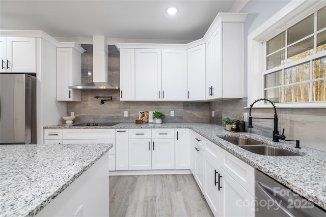 kitchen with sink, wall chimney range hood, white cabinets, stainless steel appliances, and backsplash