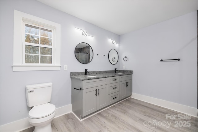 bathroom with vanity, hardwood / wood-style flooring, and toilet