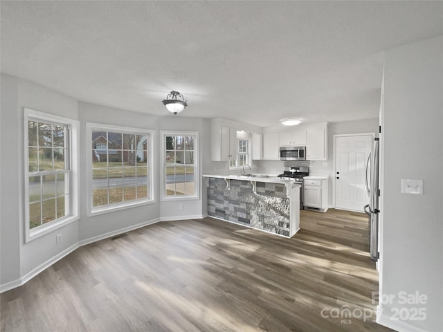 kitchen featuring sink, white cabinets, dark hardwood / wood-style flooring, kitchen peninsula, and stainless steel appliances