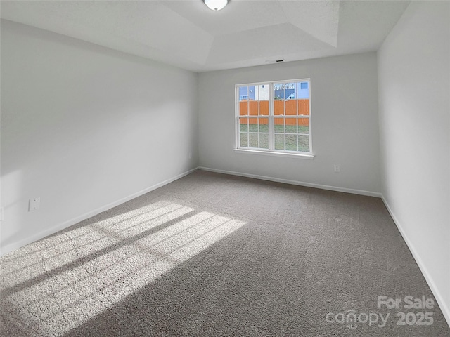 carpeted empty room with a raised ceiling