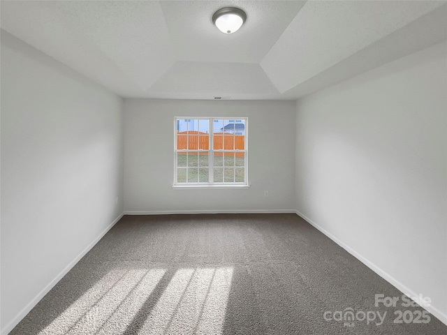 empty room with a raised ceiling and carpet