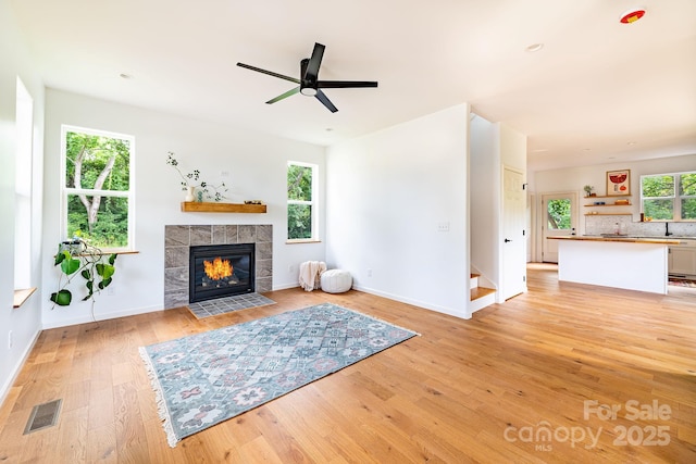 living room featuring ceiling fan, sink, a tile fireplace, and light hardwood / wood-style flooring