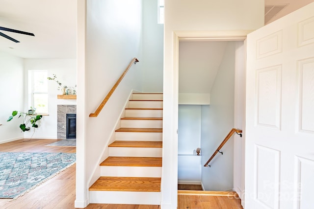 staircase featuring a tiled fireplace, wood-type flooring, and ceiling fan