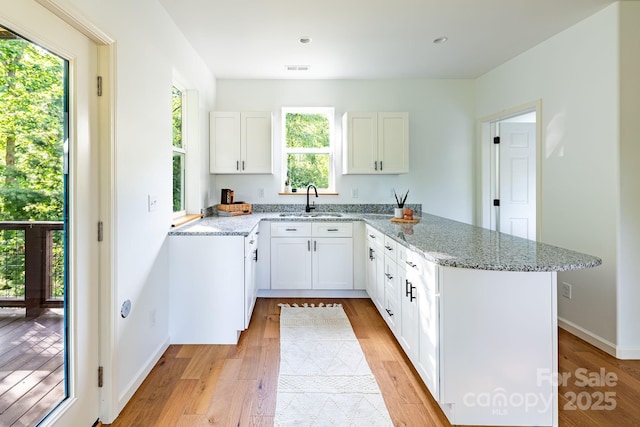 kitchen featuring sink, light stone countertops, white cabinets, kitchen peninsula, and light wood-type flooring