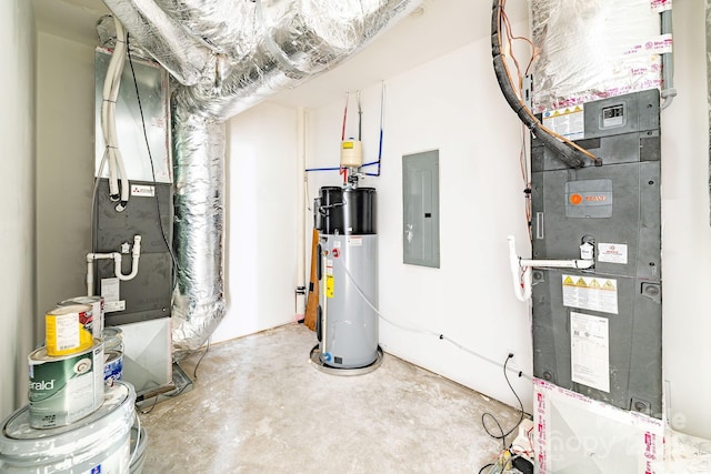 utilities featuring heating unit, electric panel, and water heater