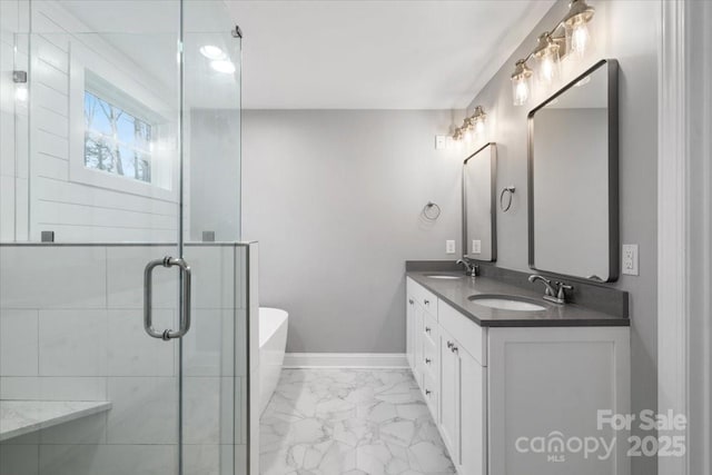 bathroom with vanity and plus walk in shower