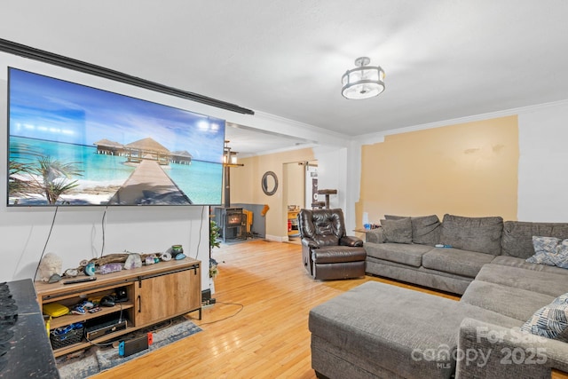 living room featuring crown molding and hardwood / wood-style floors